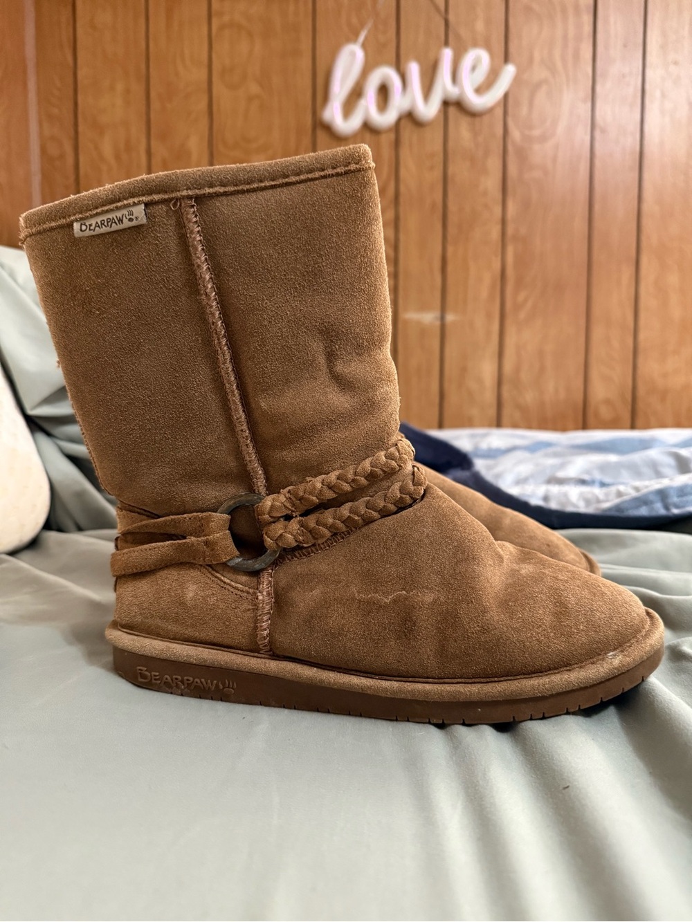 BearPaw Chestnut Suede Braided Strap Boots